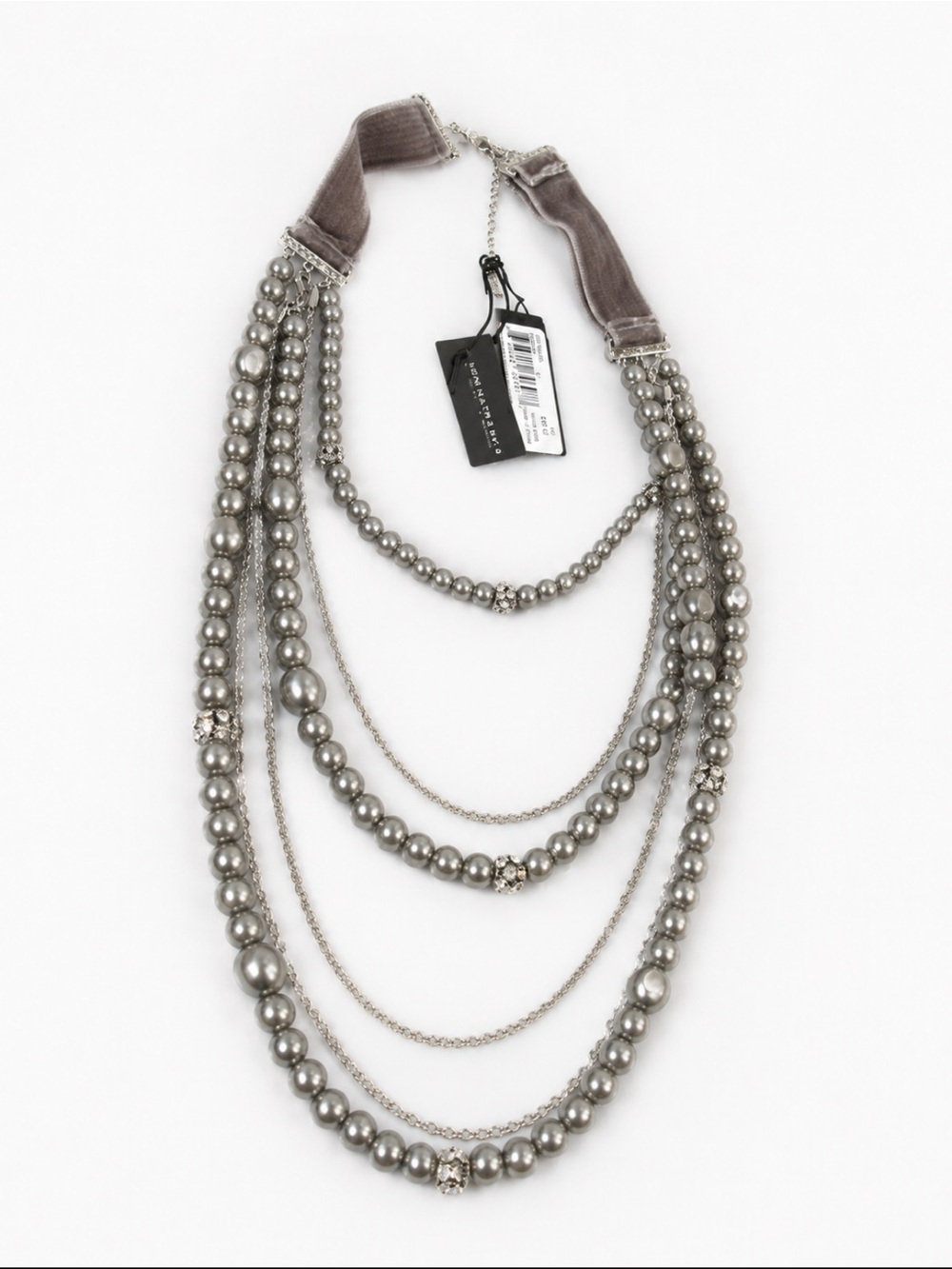 Laundry By Shelli Segal Layered Silver-Tone Beaded Necklace with Velvet Ribbon